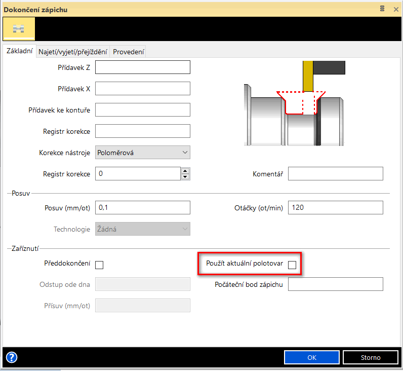 Dokončení zápichu - sekundární vyjetí a najetí
